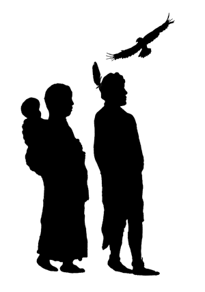 silhouette of three people and a bird